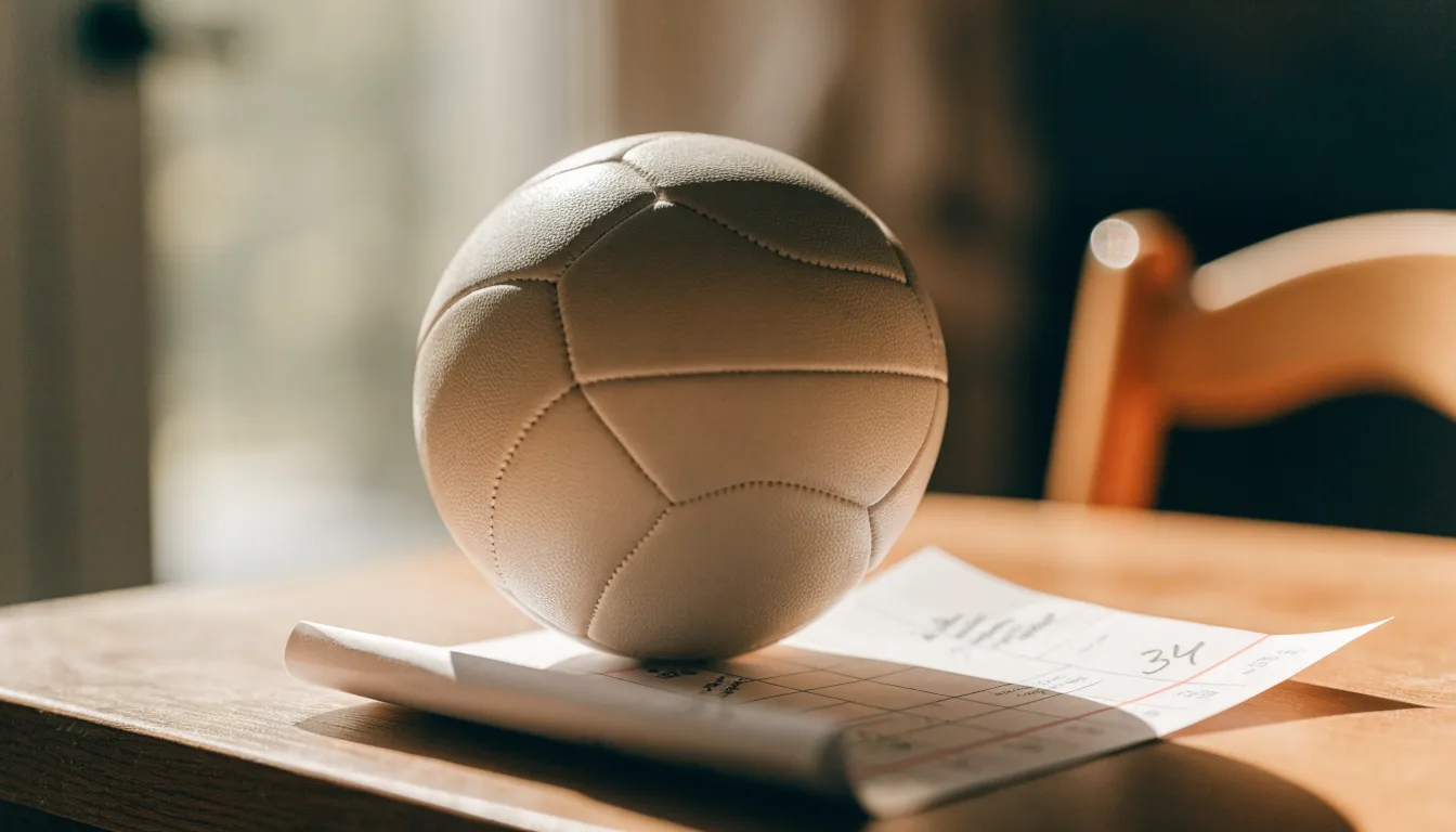Uma bola de futebol pousada sobre um talão de apostas em branco numa mesa de madeira, à luz do dia