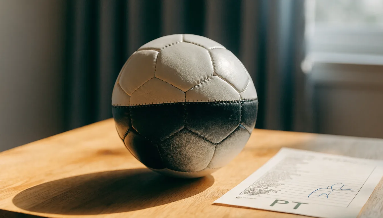 Uma bola de futebol pousada sobre um talão de apostas em branco numa mesa de madeira, à luz do dia