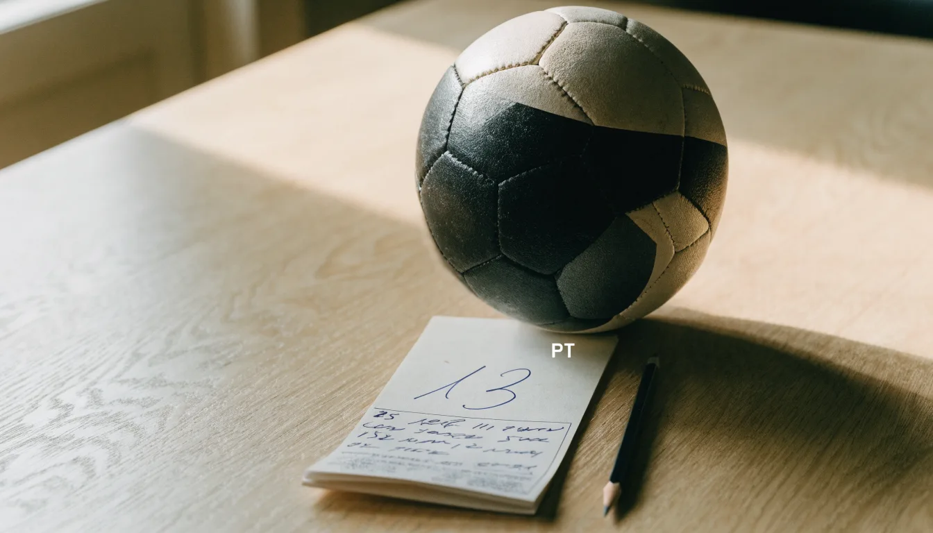 Uma bola de futebol pousada sobre um talão de apostas em branco numa mesa de madeira, à luz do dia