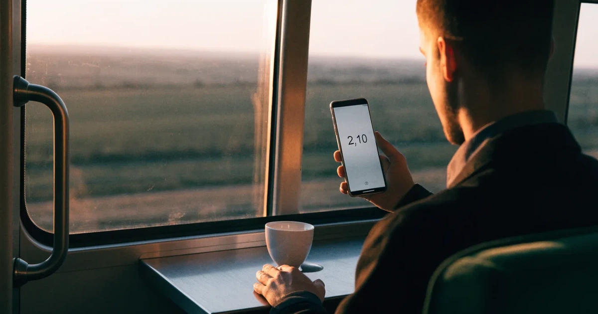 Uma mão a segurar um telemóvel com uma aposta no ecrã, num comboio ao fim da tarde
