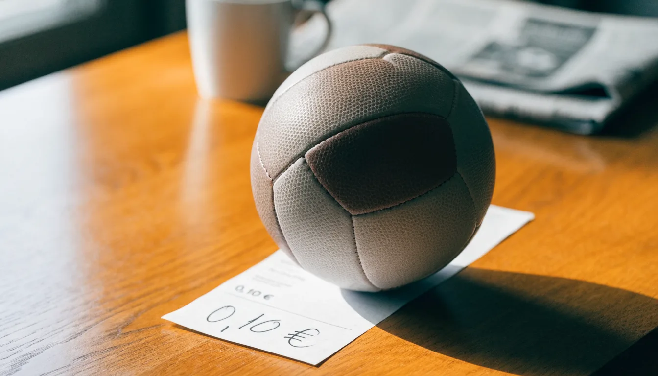 Uma bola de futebol pousada sobre um talão de apostas em branco numa mesa de madeira, à luz do dia