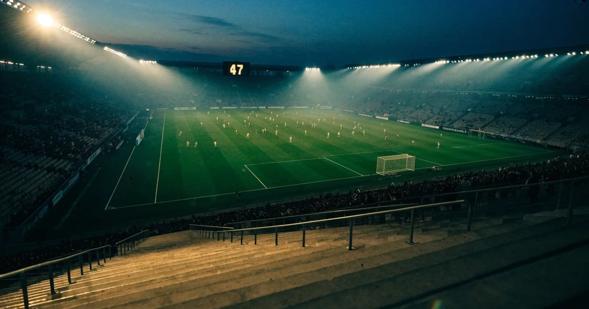 Um marcador eletrónico de um estádio com o resultado a meio da segunda parte, visto das bancadas