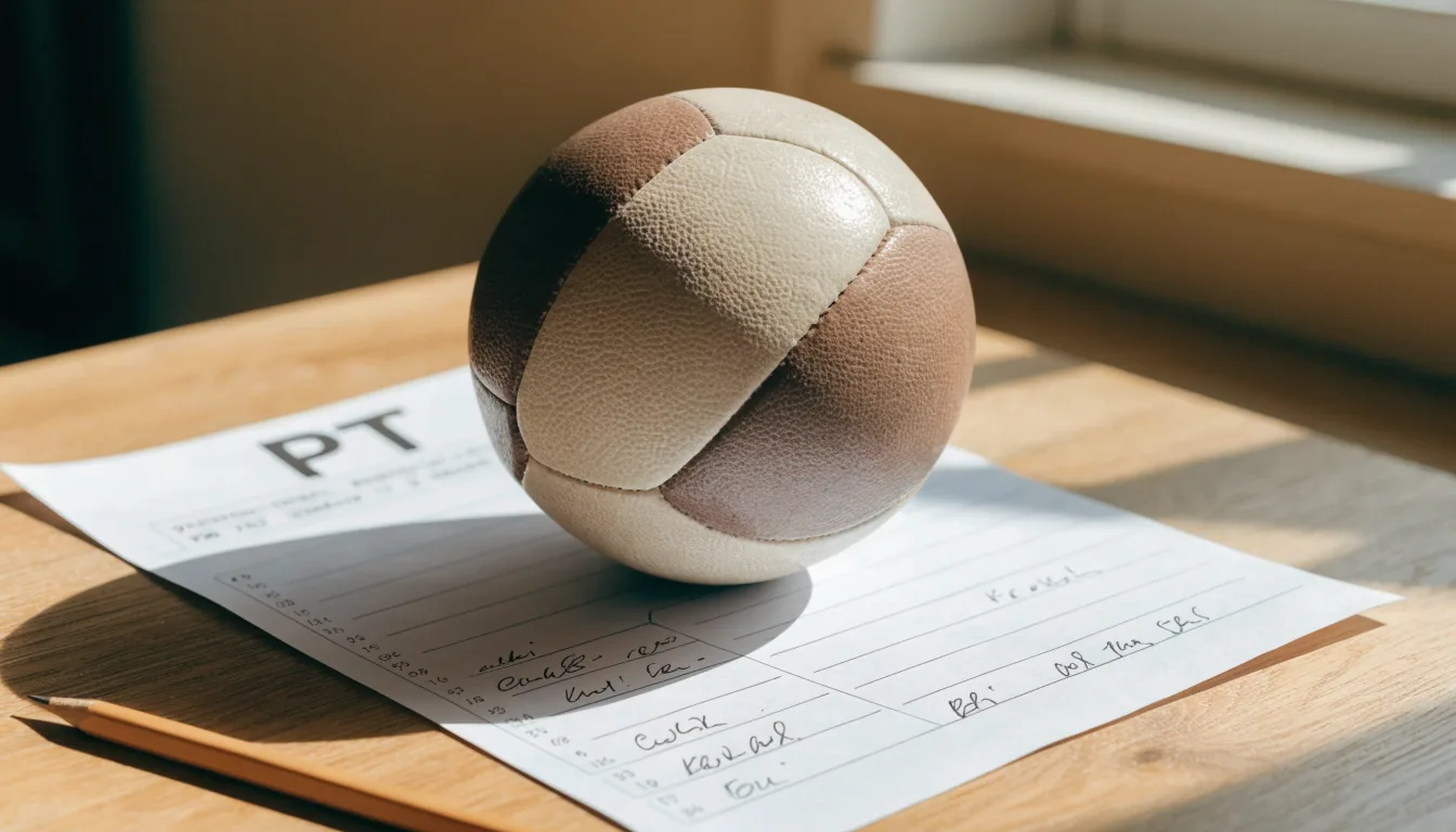 Uma bola de futebol pousada sobre um talão de apostas em branco numa mesa de madeira, à luz do dia