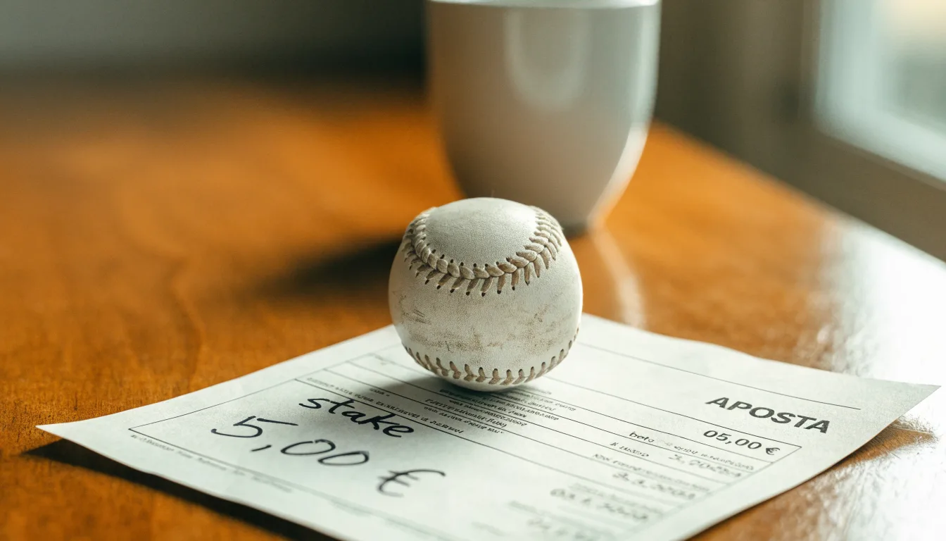 Uma bola de futebol pousada sobre um talão de apostas em branco numa mesa de madeira, à luz do dia