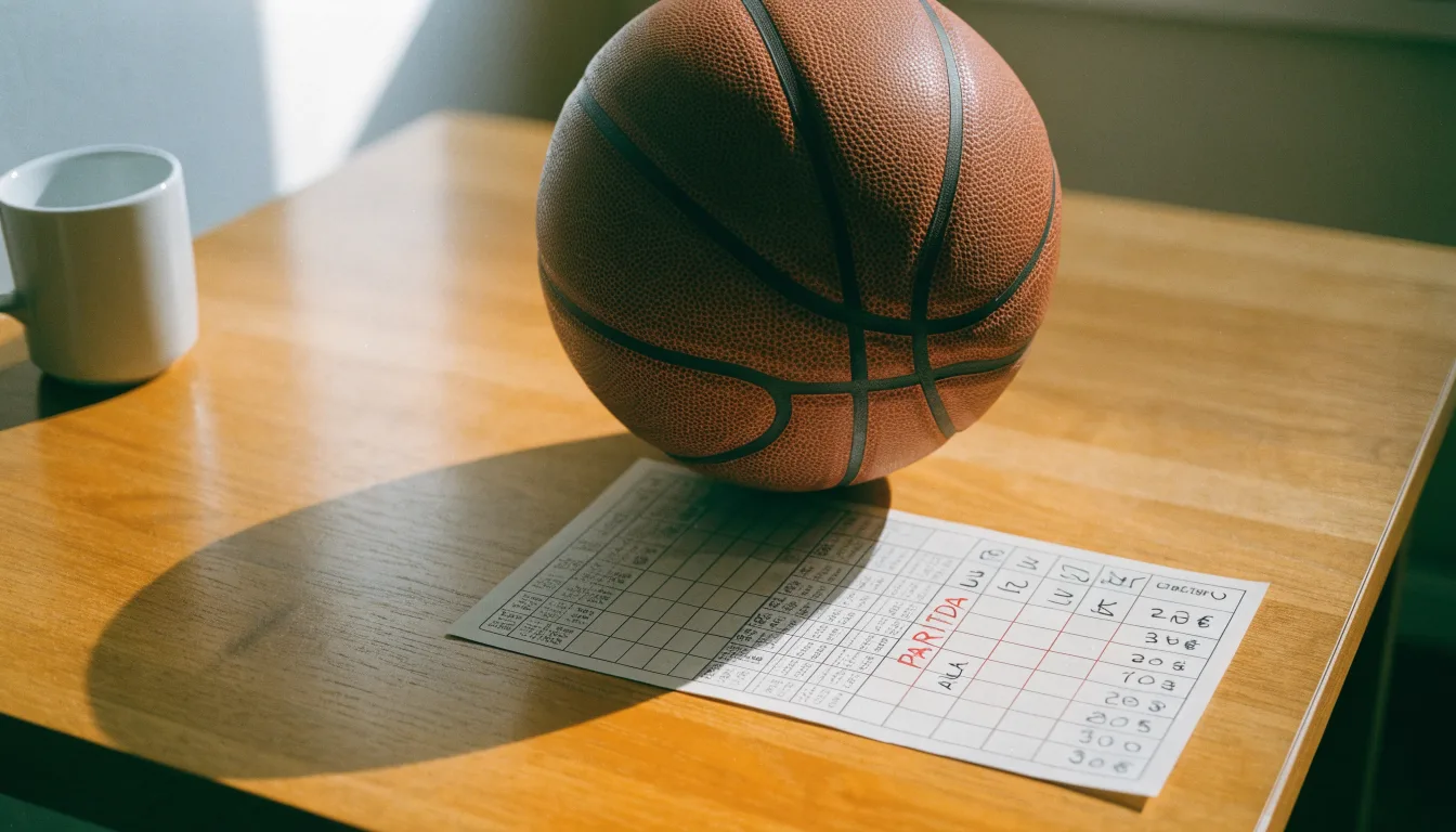 Uma bola de futebol pousada sobre um talão de apostas em branco numa mesa de madeira, à luz do dia