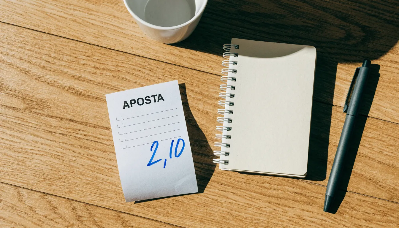Uma bola de futebol pousada sobre um talão de apostas em branco numa mesa de madeira, à luz do dia