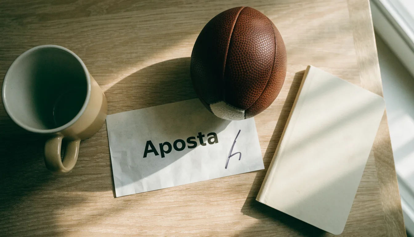 Uma bola de futebol pousada sobre um talão de apostas em branco numa mesa de madeira, à luz do dia