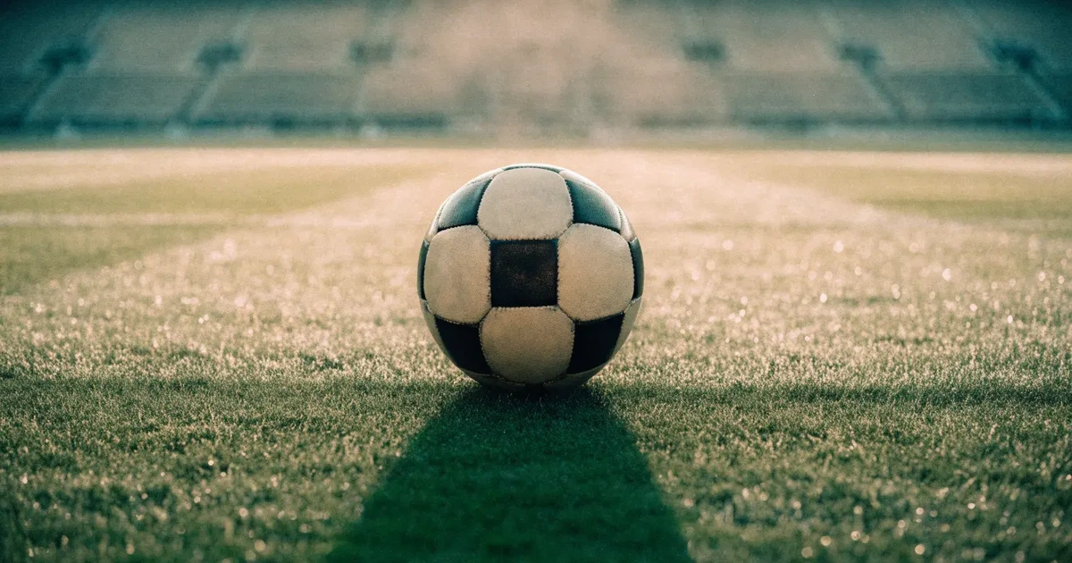 Uma bola de futebol no ponto central de um relvado, à luz da manhã