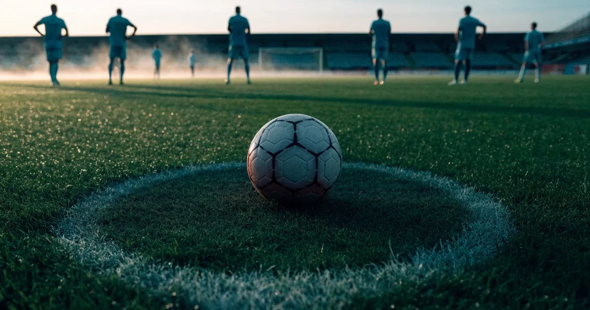 Uma bola de futebol no ponto central de um relvado, à luz da manhã
