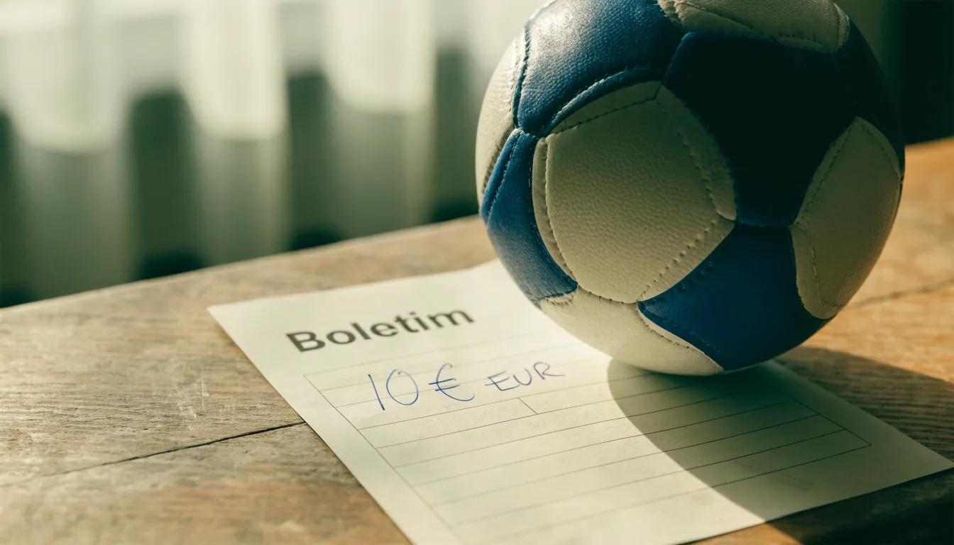 Uma bola de futebol pousada sobre um talão de apostas em branco numa mesa de madeira, à luz do dia