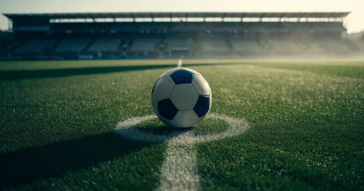 Uma bola de futebol no ponto central de um relvado, à luz da manhã