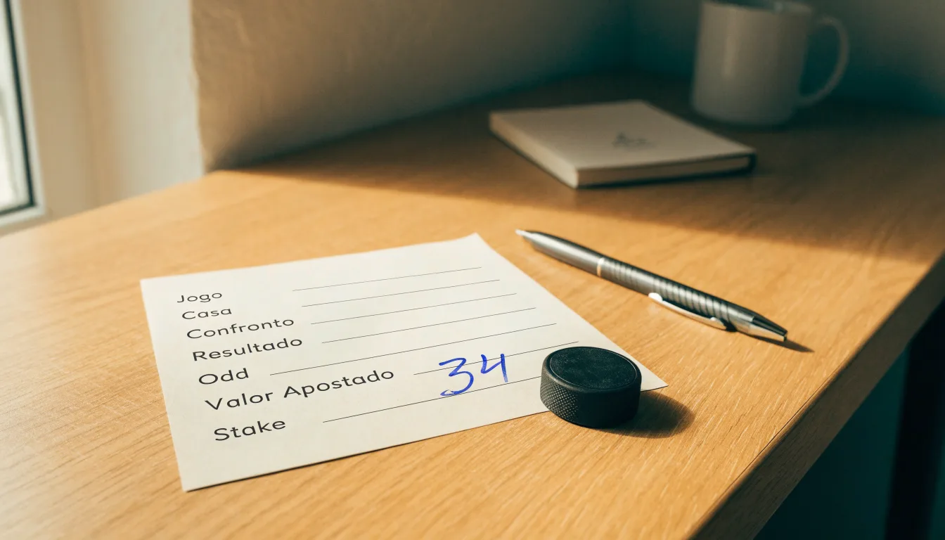 Uma bola de futebol pousada sobre um talão de apostas em branco numa mesa de madeira, à luz do dia