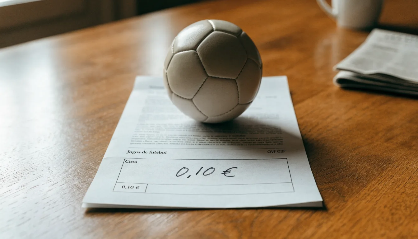 Uma bola de futebol pousada sobre um talão de apostas em branco numa mesa de madeira, à luz do dia