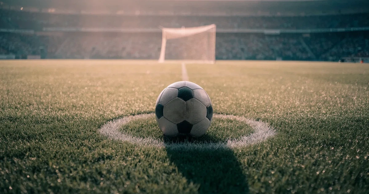 Uma bola de futebol no ponto central de um relvado, à luz da manhã