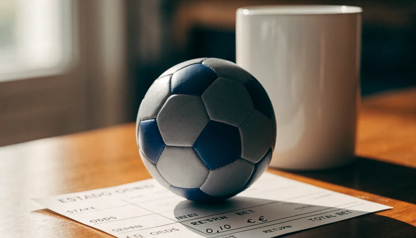 Uma bola de futebol pousada sobre um talão de apostas em branco numa mesa de madeira, à luz do dia