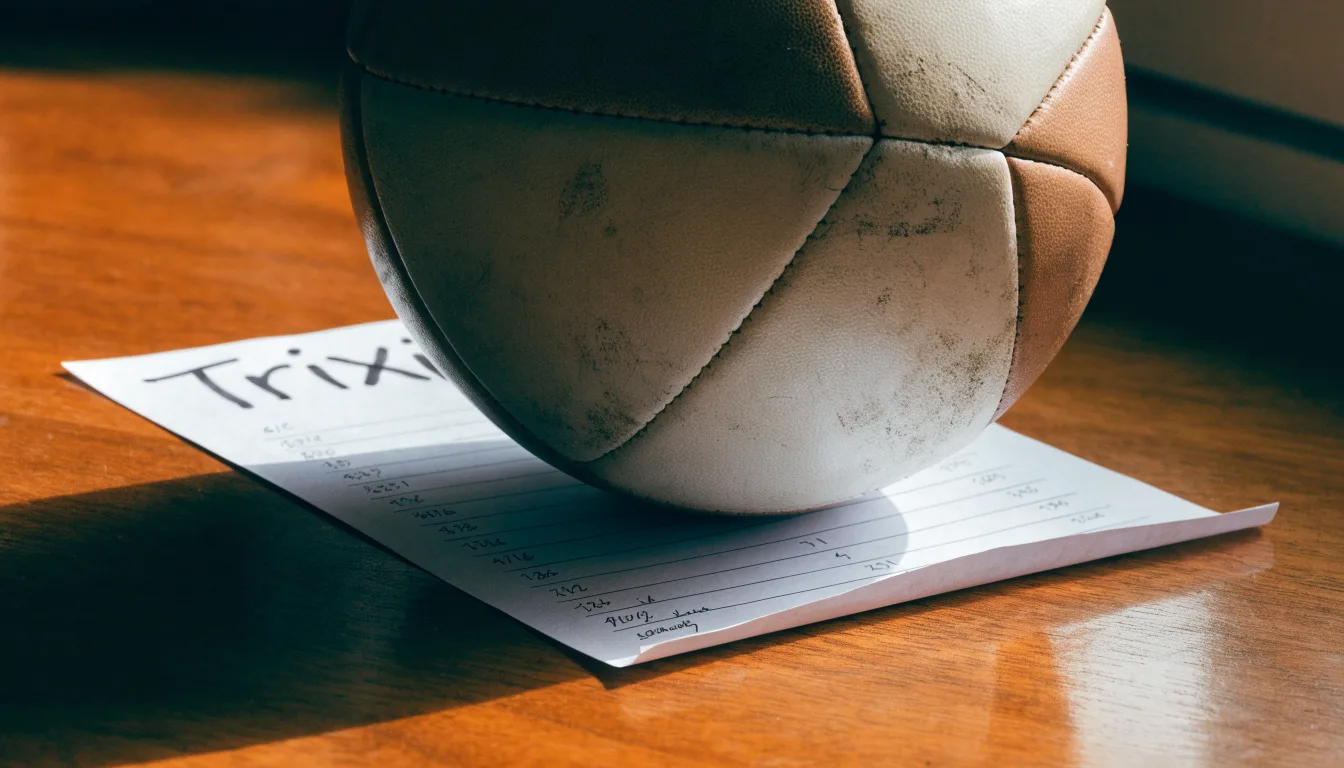 Uma bola de futebol pousada sobre um talão de apostas em branco numa mesa de madeira, à luz do dia