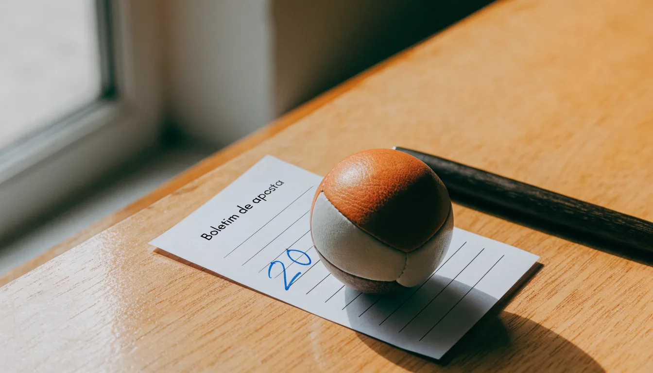 Uma bola de futebol pousada sobre um talão de apostas em branco numa mesa de madeira, à luz do dia