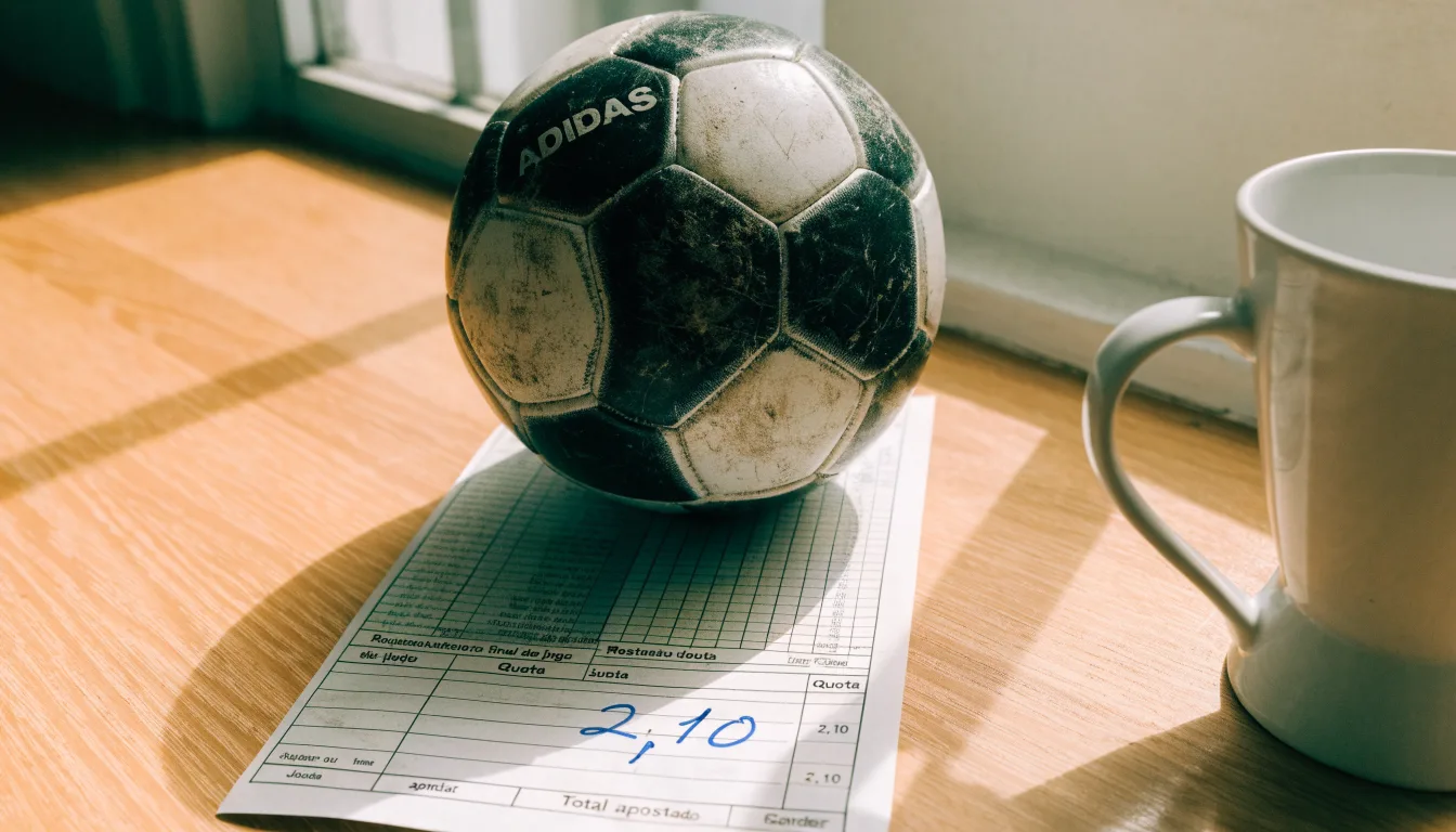 Uma bola de futebol pousada sobre um talão de apostas em branco numa mesa de madeira, à luz do dia