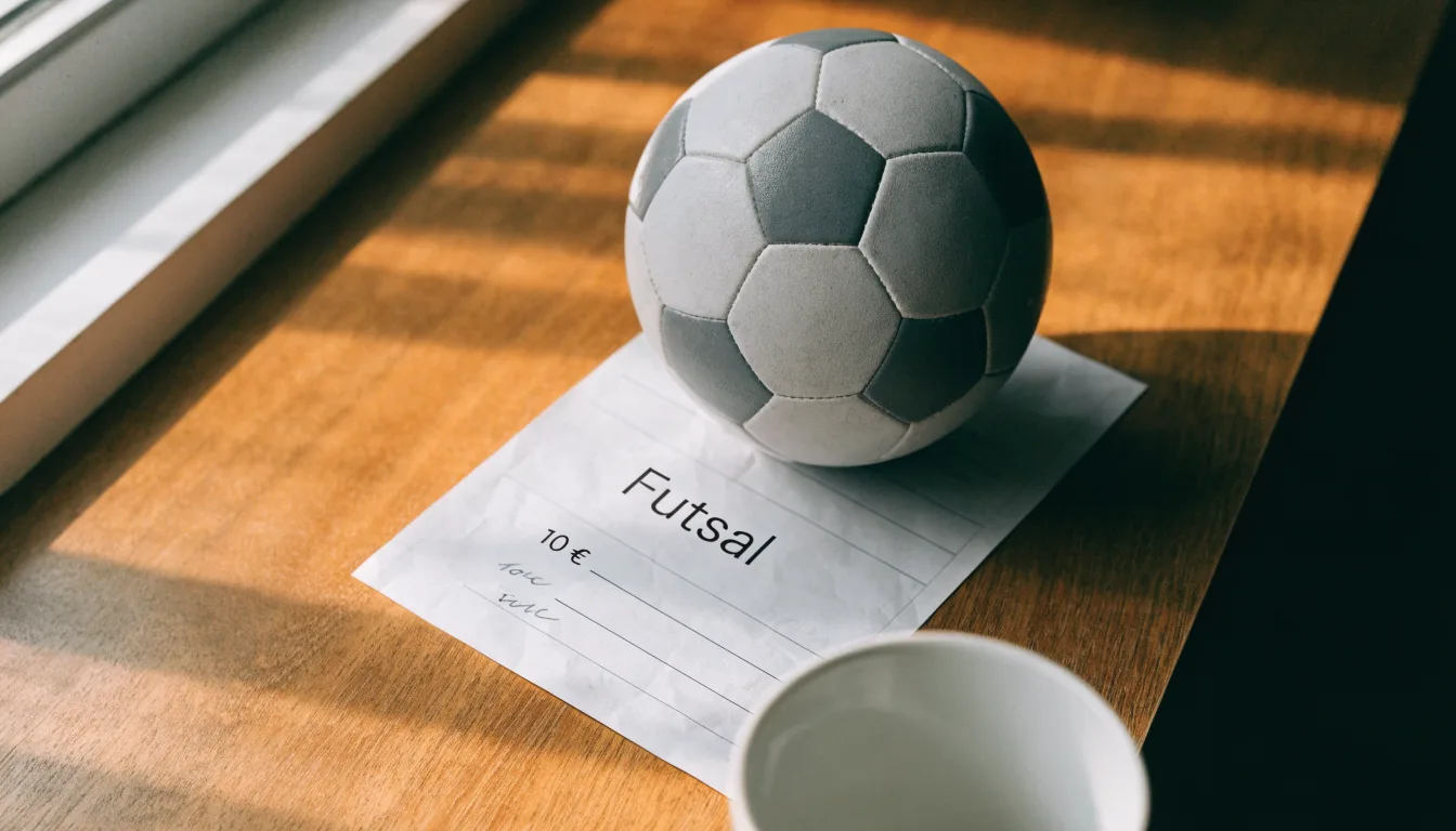 Uma bola de futebol pousada sobre um talão de apostas em branco numa mesa de madeira, à luz do dia