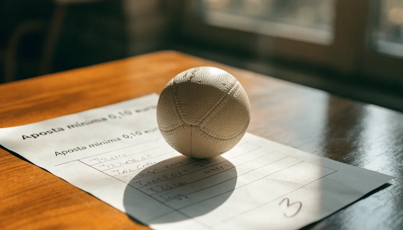 Uma bola de futebol pousada sobre um talão de apostas em branco numa mesa de madeira, à luz do dia