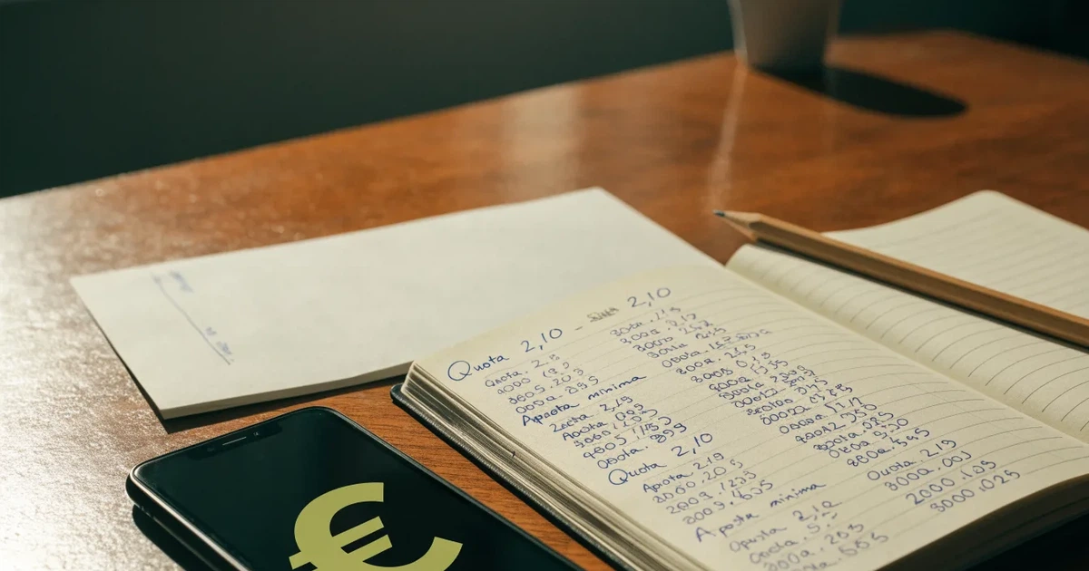 Um caderno aberto com cotas escritas à mão, uma calculadora e um lápis sobre uma mesa de madeira