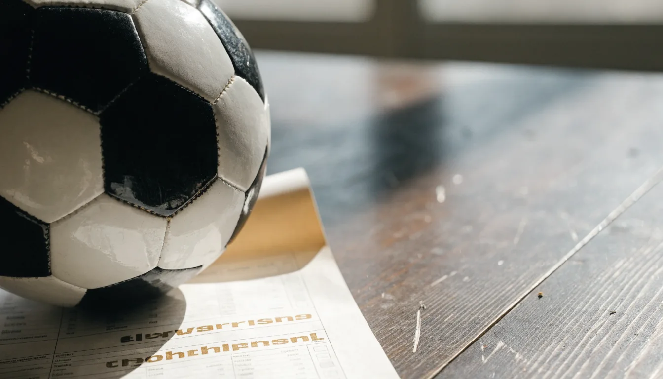 Uma bola de futebol pousada sobre um talão de apostas em branco numa mesa de madeira, à luz do dia