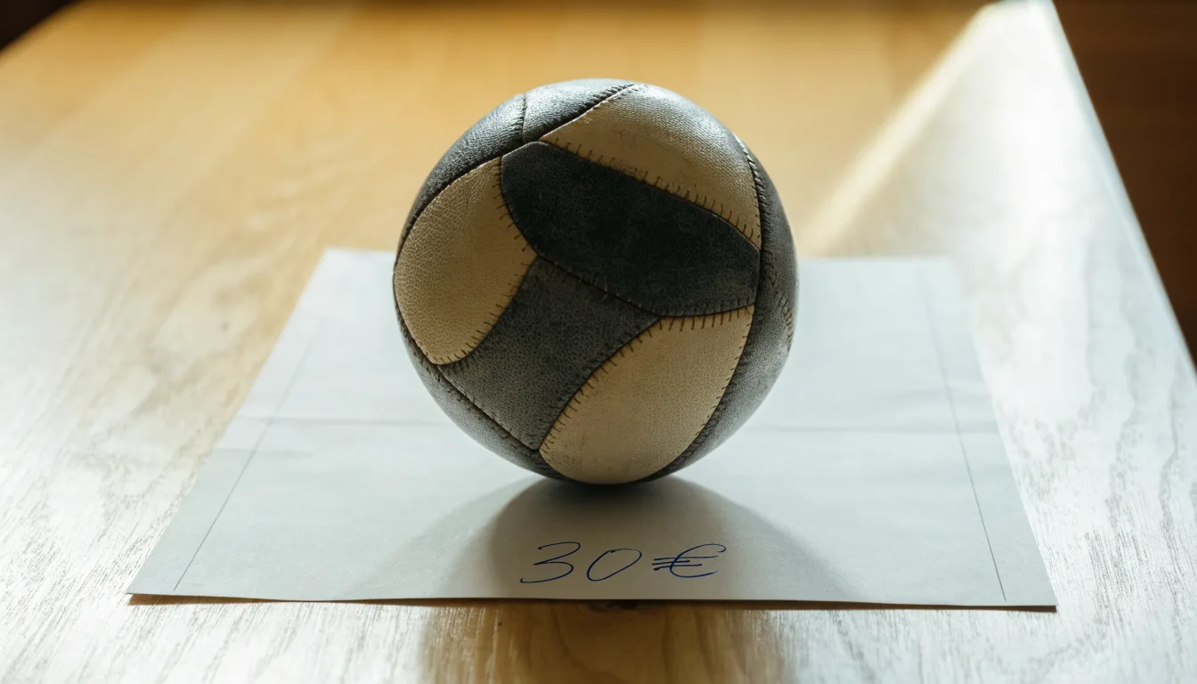 Uma bola de futebol pousada sobre um talão de apostas em branco numa mesa de madeira, à luz do dia
