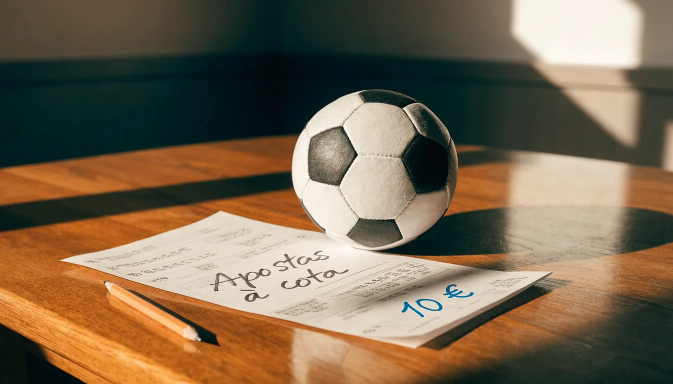 Uma bola de futebol pousada sobre um talão de apostas em branco numa mesa de madeira, à luz do dia