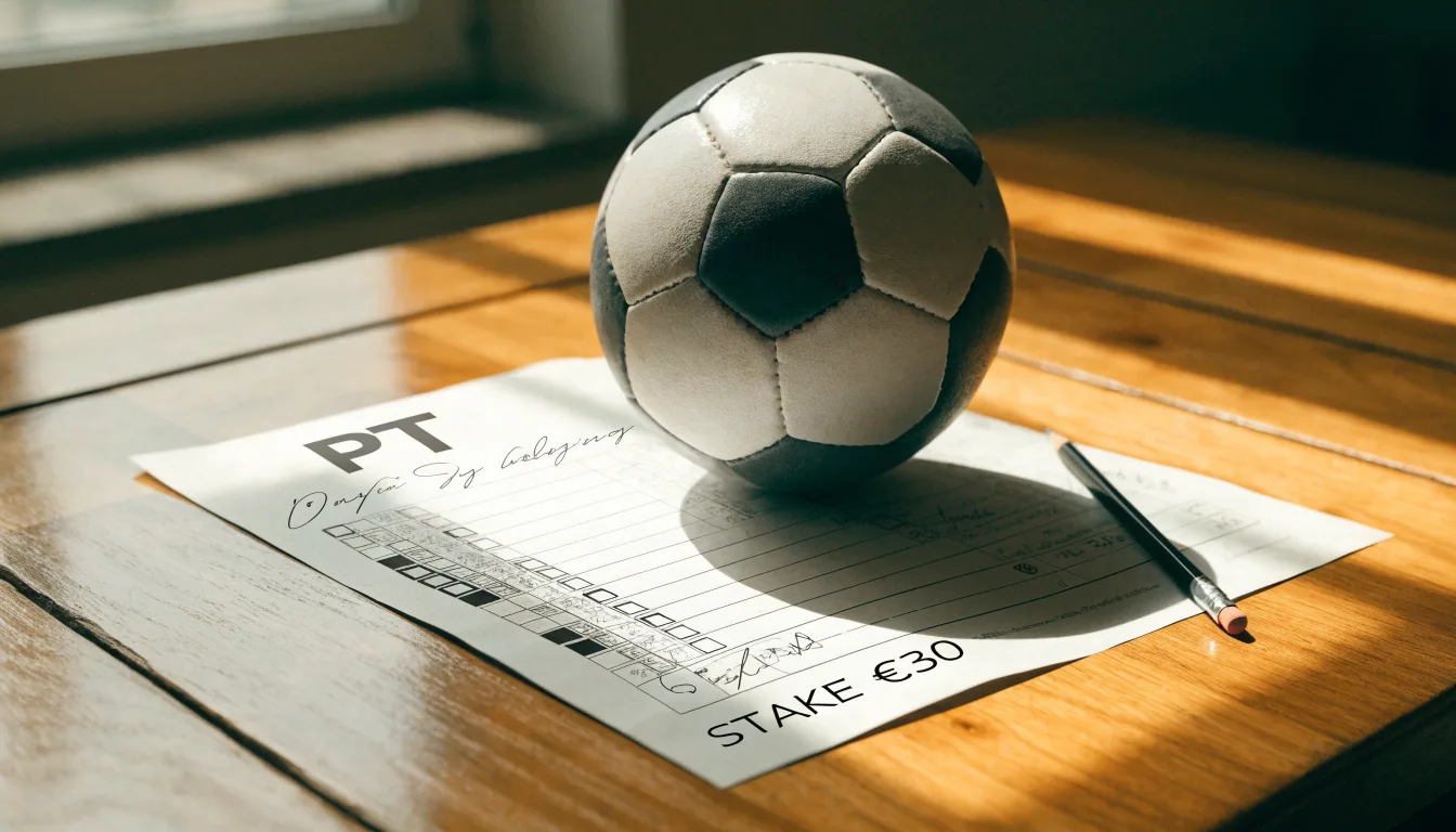 Uma bola de futebol pousada sobre um talão de apostas em branco numa mesa de madeira, à luz do dia