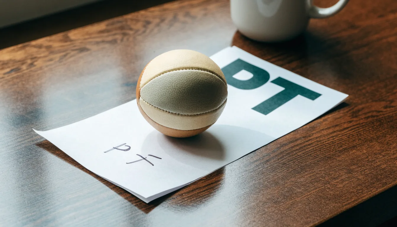 Uma bola de futebol pousada sobre um talão de apostas em branco numa mesa de madeira, à luz do dia