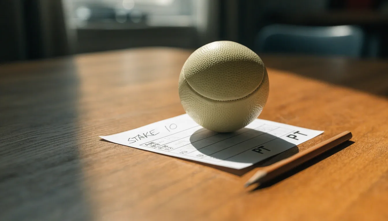 Uma bola de futebol pousada sobre um talão de apostas em branco numa mesa de madeira, à luz do dia