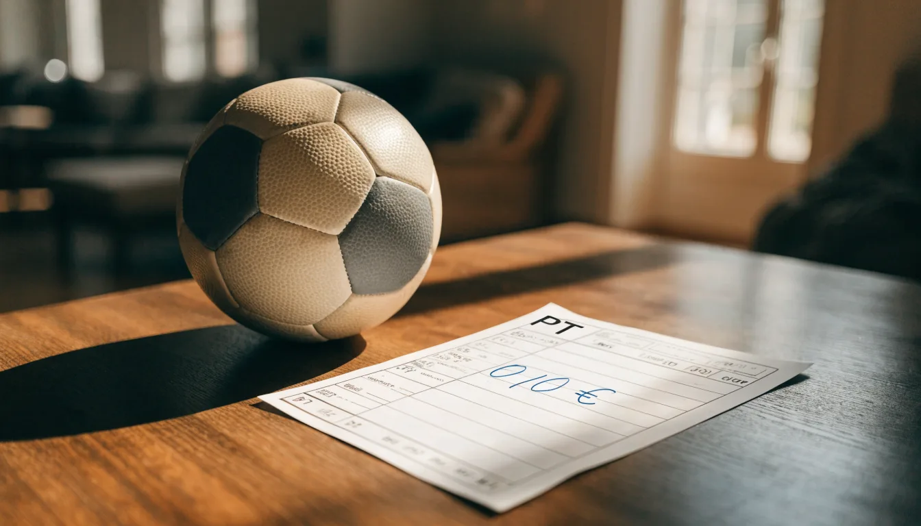Uma bola de futebol pousada sobre um talão de apostas em branco numa mesa de madeira, à luz do dia