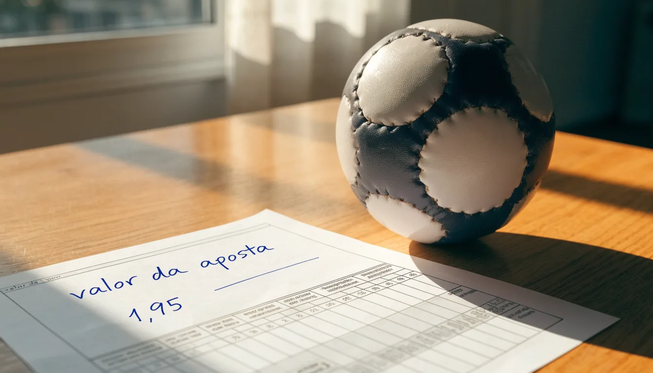 Uma bola de futebol pousada sobre um talão de apostas em branco numa mesa de madeira, à luz do dia