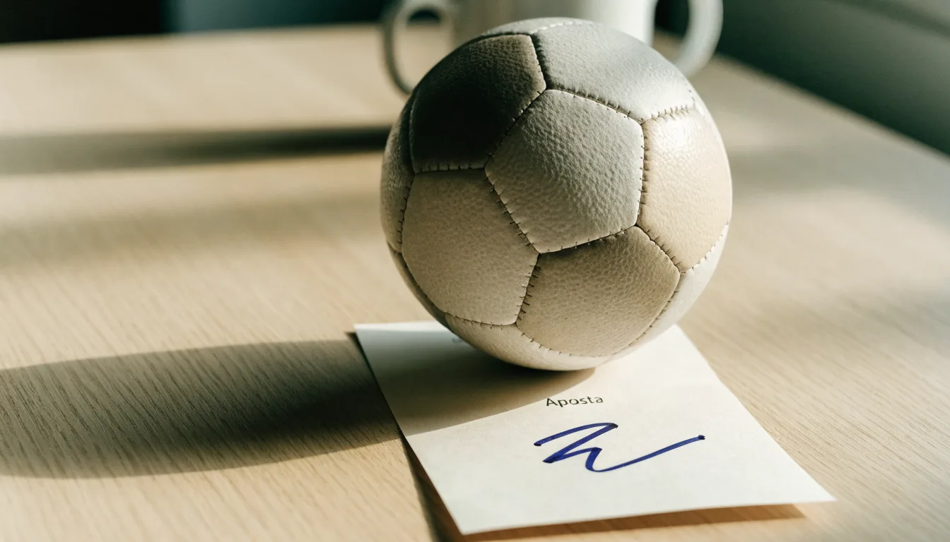 Uma bola de futebol pousada sobre um talão de apostas em branco numa mesa de madeira, à luz do dia