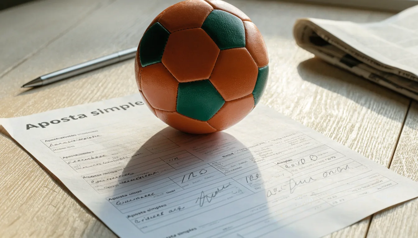 Uma bola de futebol pousada sobre um talão de apostas em branco numa mesa de madeira, à luz do dia