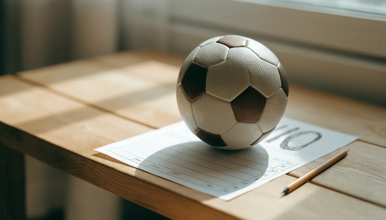 Uma bola de futebol pousada sobre um talão de apostas em branco numa mesa de madeira, à luz do dia