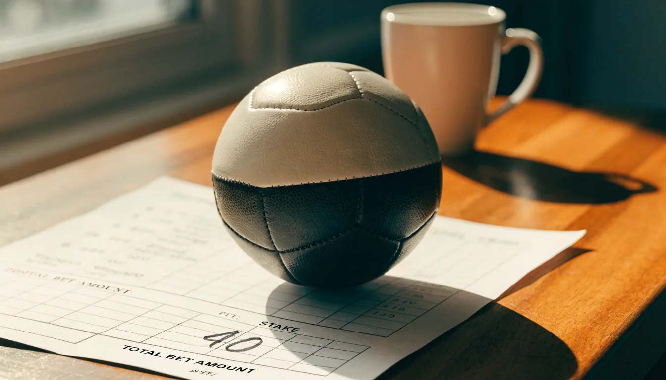 Uma bola de futebol pousada sobre um talão de apostas em branco numa mesa de madeira, à luz do dia