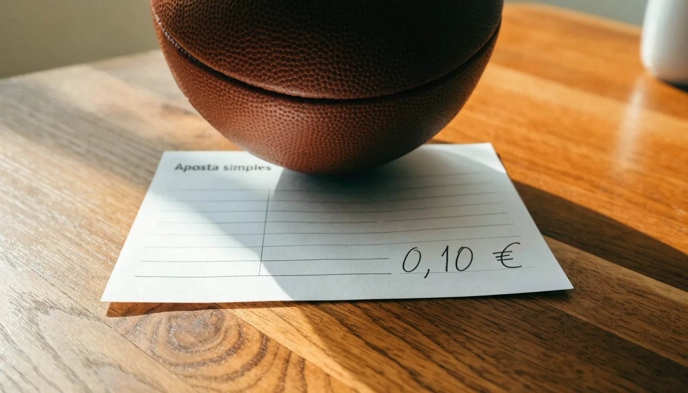Uma bola de futebol pousada sobre um talão de apostas em branco numa mesa de madeira, à luz do dia