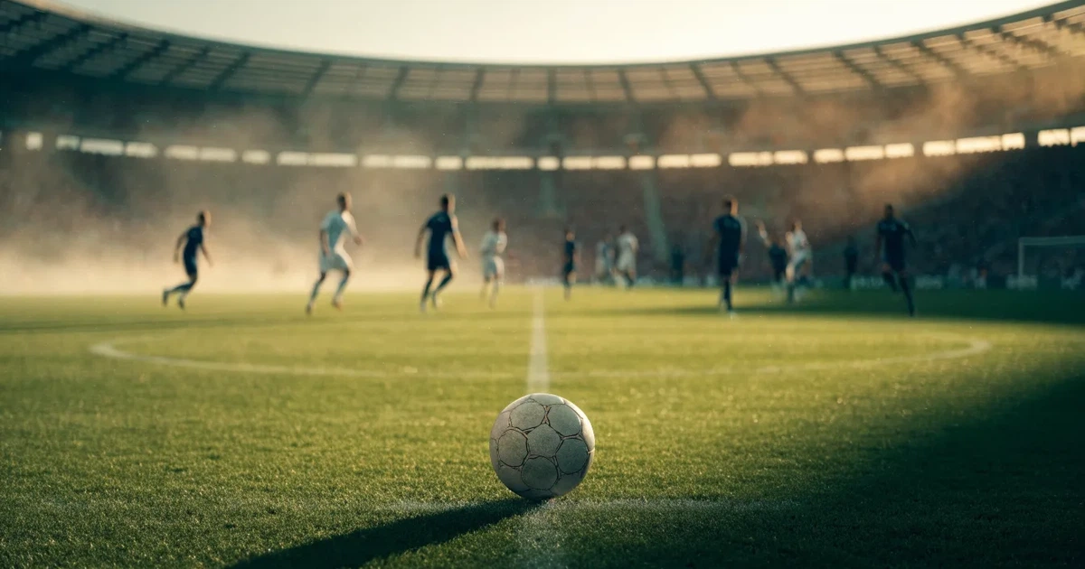 Uma bola de futebol no ponto central de um relvado, à luz da manhã