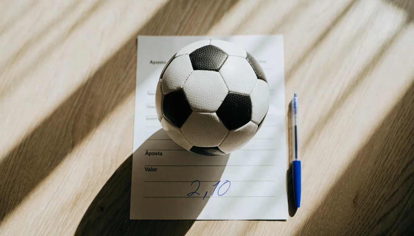 Uma bola de futebol pousada sobre um talão de apostas em branco numa mesa de madeira, à luz do dia