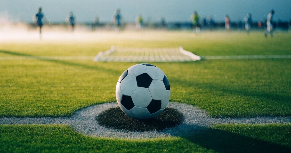Uma bola de futebol no ponto central de um relvado, à luz da manhã